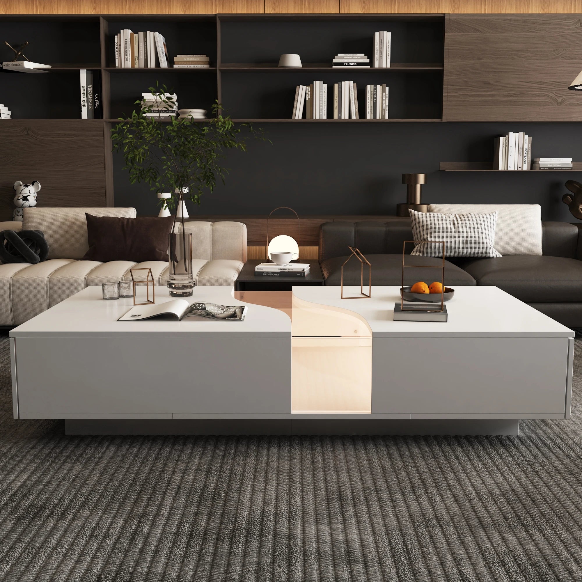 Modern LED Coffee Table – 55.1” Wide Center Table with 2 Storage Drawers