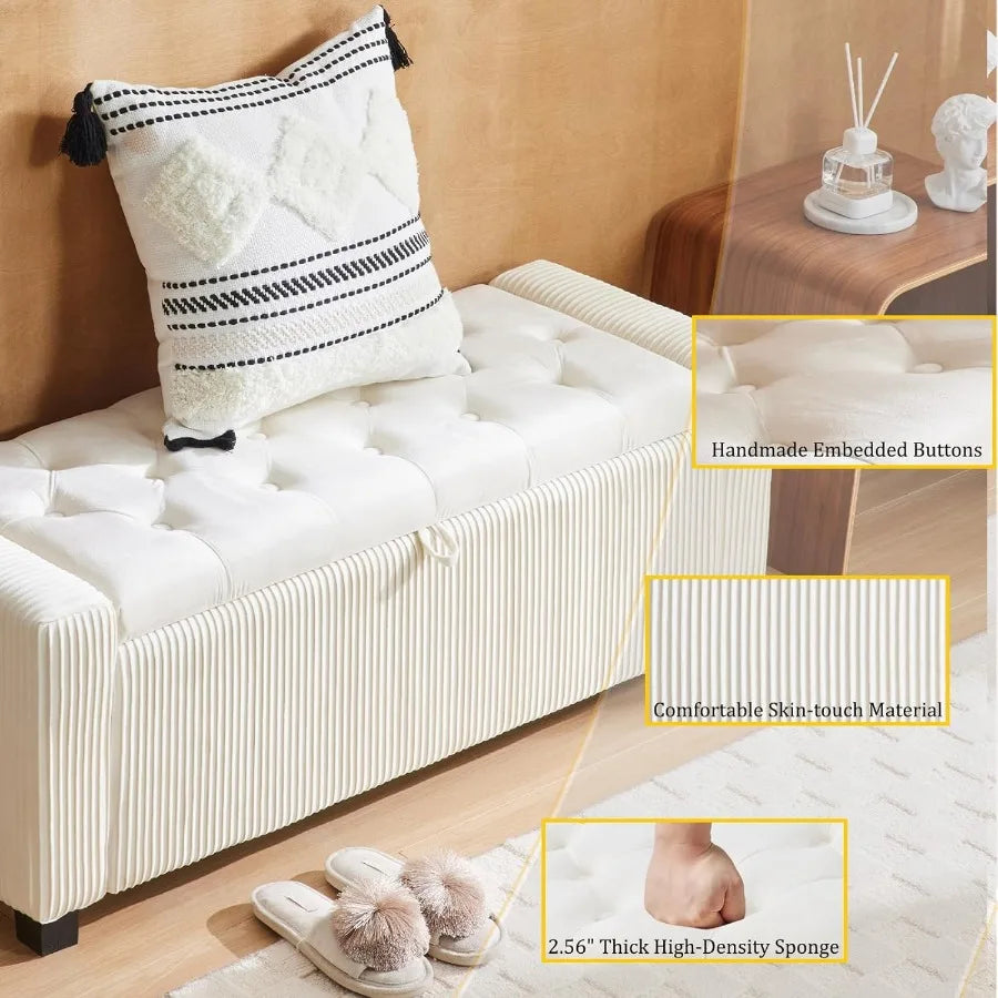 Upholstered Fabric Storage Ottoman Bench – Rectangular End-of-Bed Seat