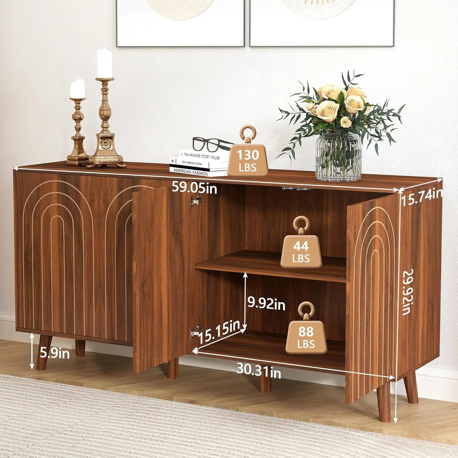 59' Modern Buffet Cabinet with Storage, Wooden Sideboard with 4 Doors, Walnut Finish for Living Room, Kitchen, Office