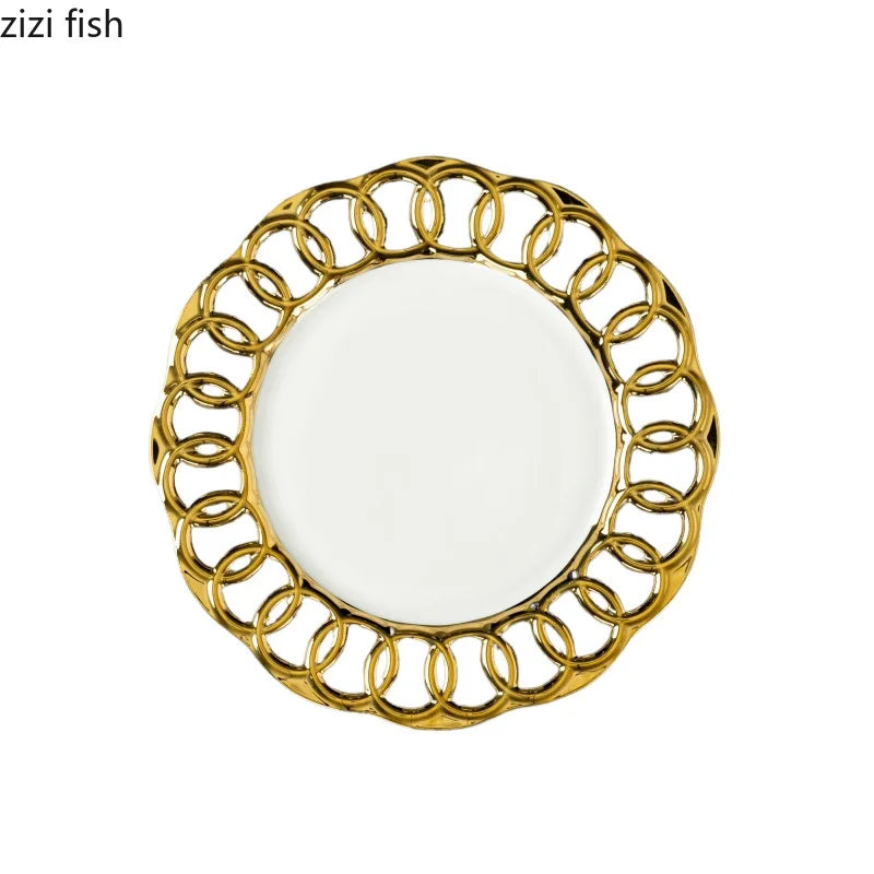 Gold-Plated Hollow-Out Ceramic Serving Plate – Decorative Steak, Dessert & Salad Plate
