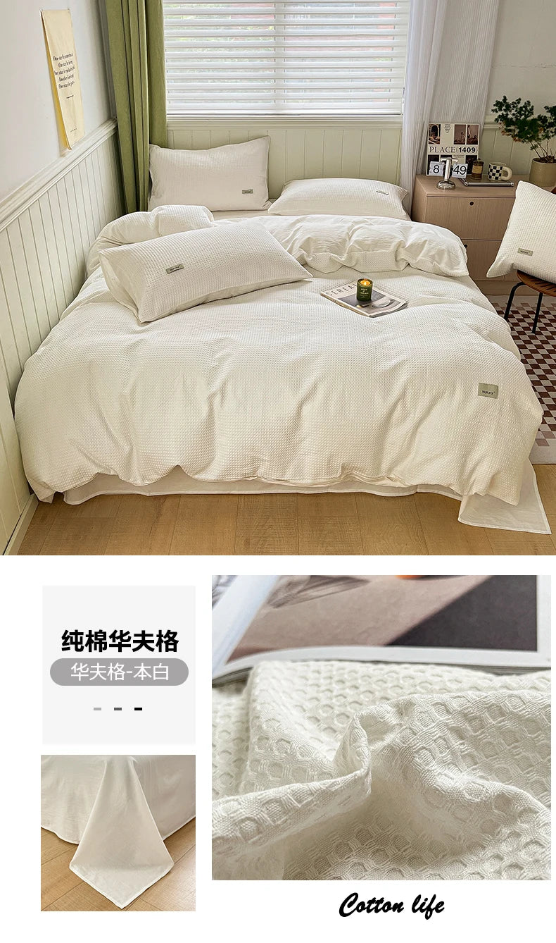 Simple Waffle Jacquard 100% Cotton Bedding Set Soft Comfortable Queen Duvet Cover Set with Sheets Quilt Cover and Pillowcases