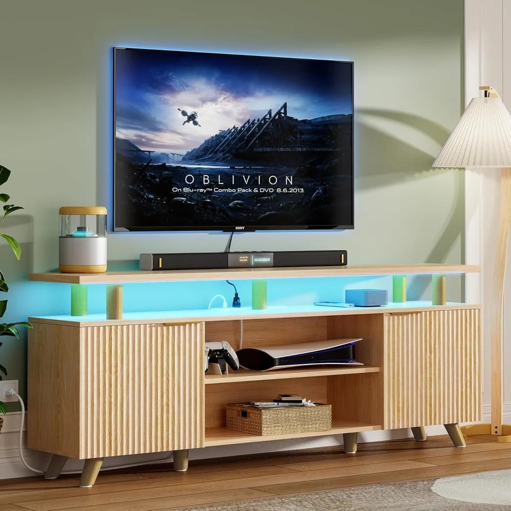 Modern TV Stand for 55-70 Inch TV Entertainment Center with Wooden Storage Cabinets And Power Outlet for Living Room