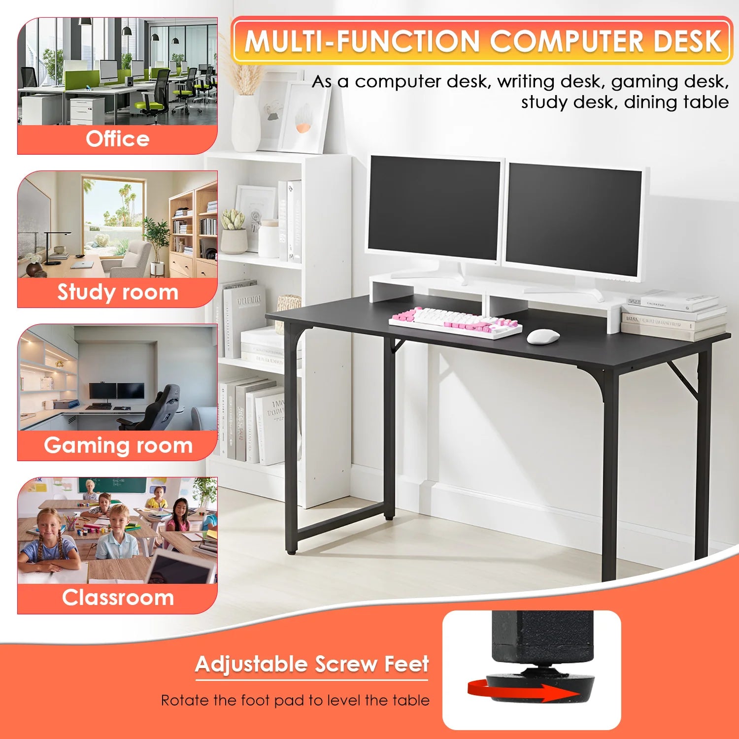 47 Inch Computer Desk Home Office Study Gaming Writing Square Table Modern Simple Style Compact with Metal Frame Easy Assembly