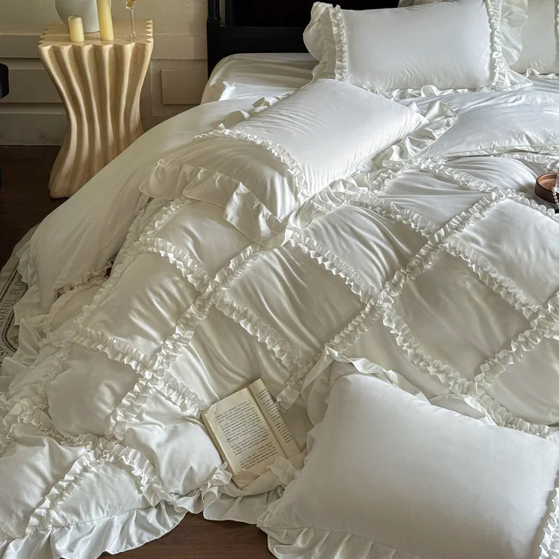 4Pcs French Princess Style Ruffles Bedding Set Double King Queen Size Wedding Bedroom Duvet Cover Flat/Fitted Sheet Pillowcases