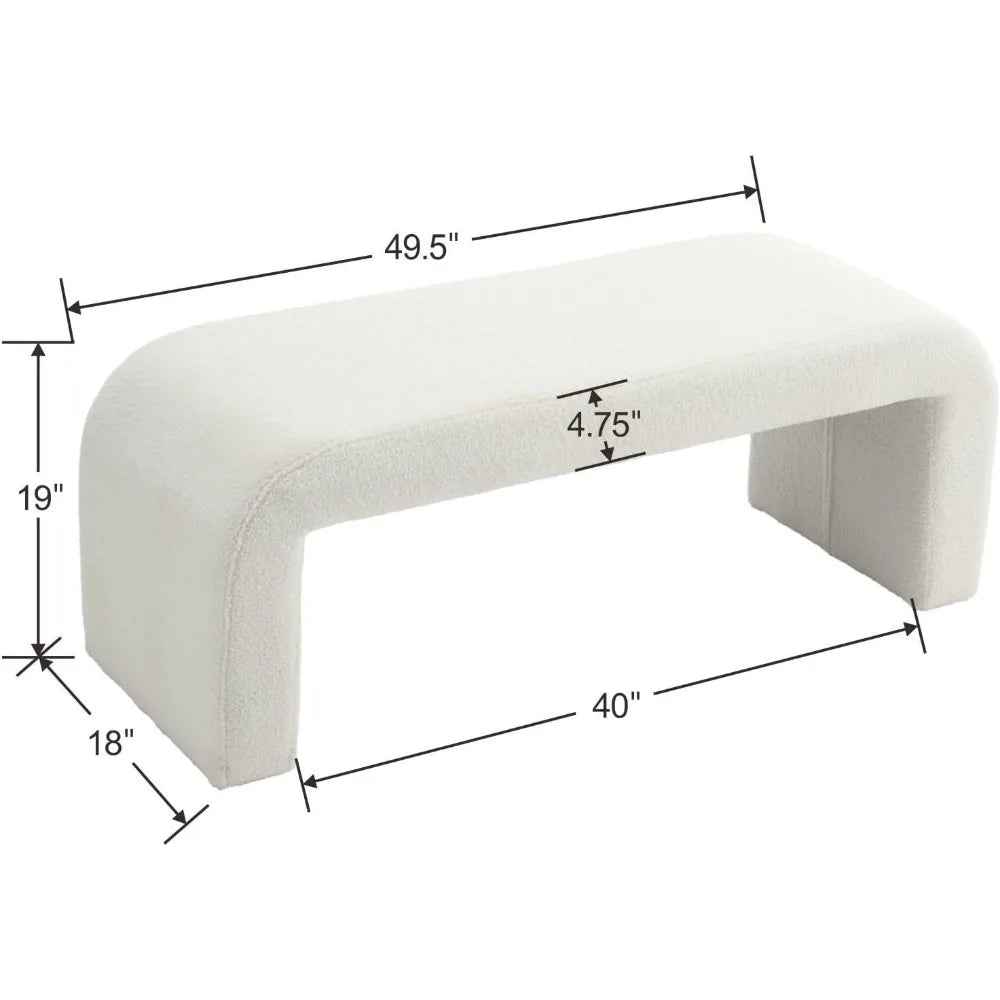 White Modern Bouclé Bench – Rectangular Sherpa Upholstered Ottoman