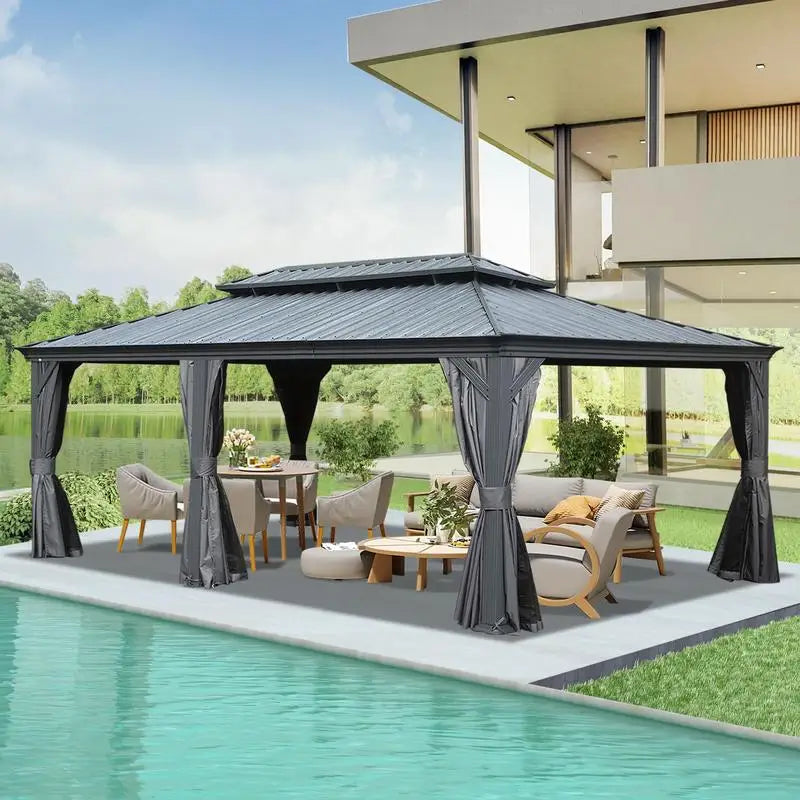14x22 Hardtop Gazebo, Upgraded Metal Canopy with Drainage System, Dual-Layer Galvanized Steel Roof, Includes Curtains &