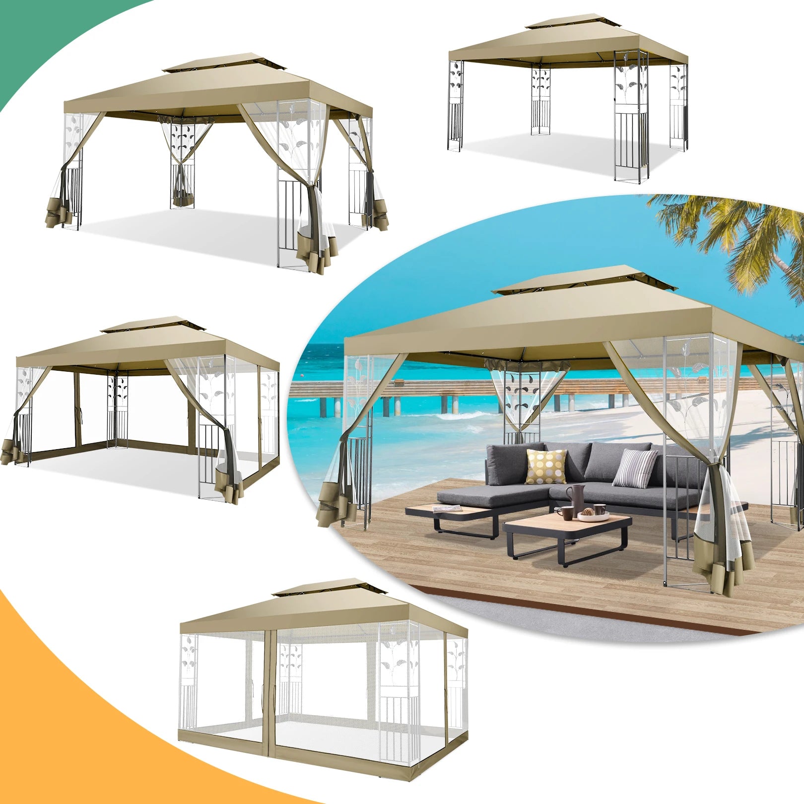 10x13 Outdoor Gazebo on Clearance with Mosquito Netting and Ventilated Double Flat Roof,All Weather for Patio,Backyard,Garden