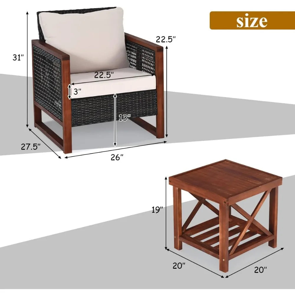 Patio Rattan Furniture Set with Washable Cushions and Acacia Wood Coffee Table for Outdoor Conversations