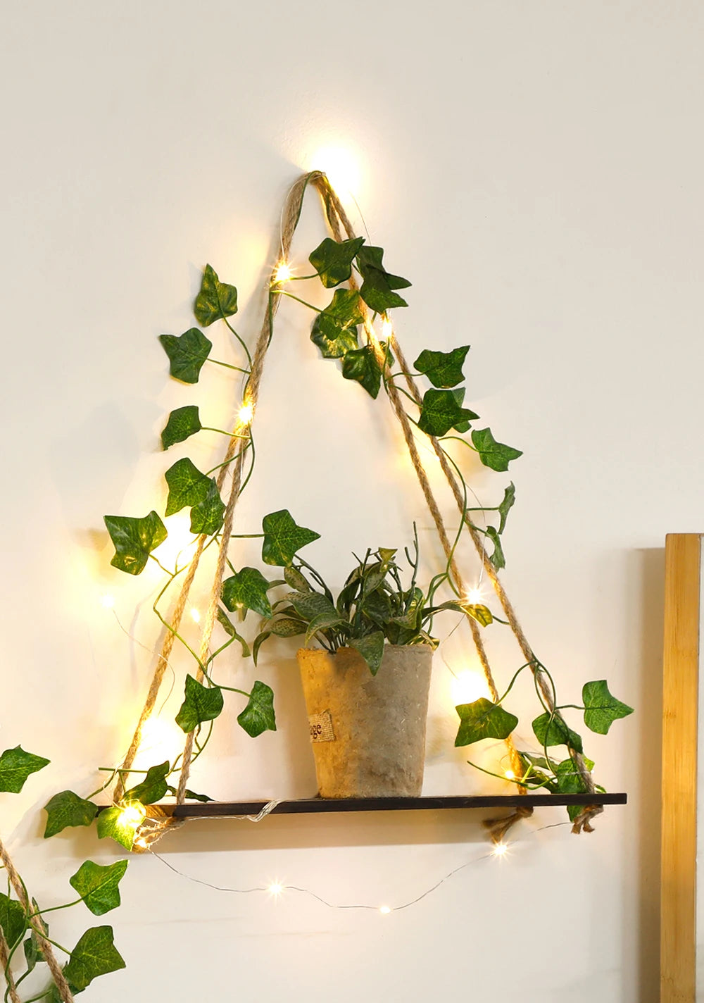 Floating Wall Shelf with Artificial Ivy LED Strip – Boho Style