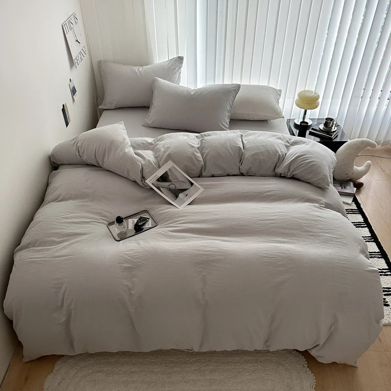 Bed Linen Solid Cotton Bedding Set with Sheet Duvet Cover Pillowcases Single Couple Bedsheet King Queen Double Twin Size