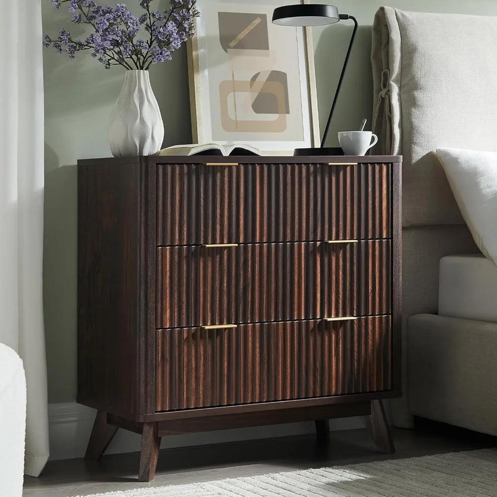 32" tall fluted nightstand, modern side table, 3 drawers end table w/storage, bedside table for bedroom, living room, curved pr