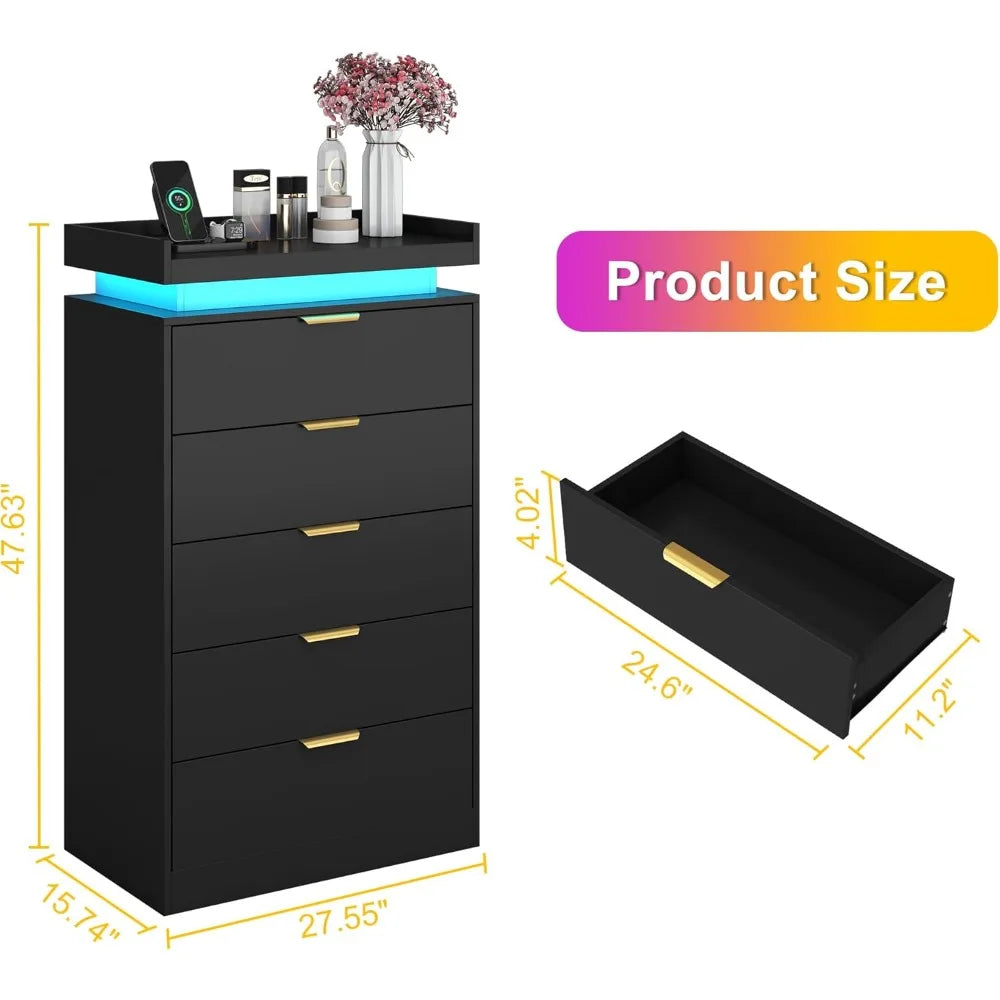 Dresser for Bedroom, Black Dresser with LED Lights, Wood 5 Drawer Chest with Power Outlet, Modern Chest of Drawers for Bedr