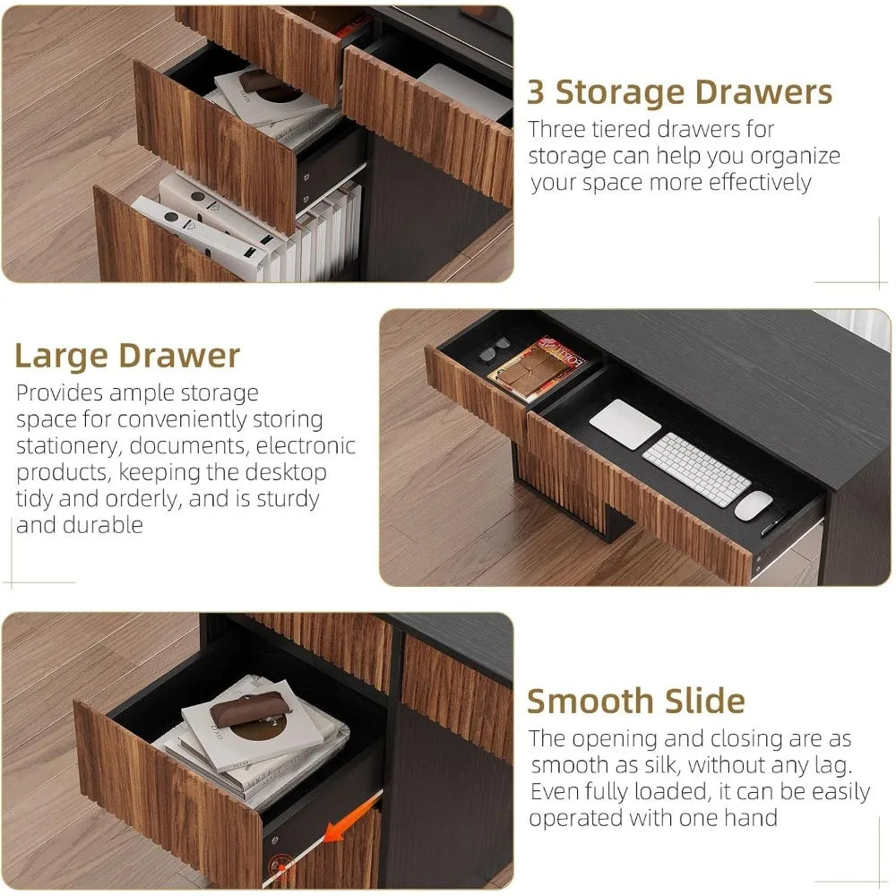48 Inch Compact Desk with Drawers and Storage Cabinet, Modern Office Desk with Hidden Handles