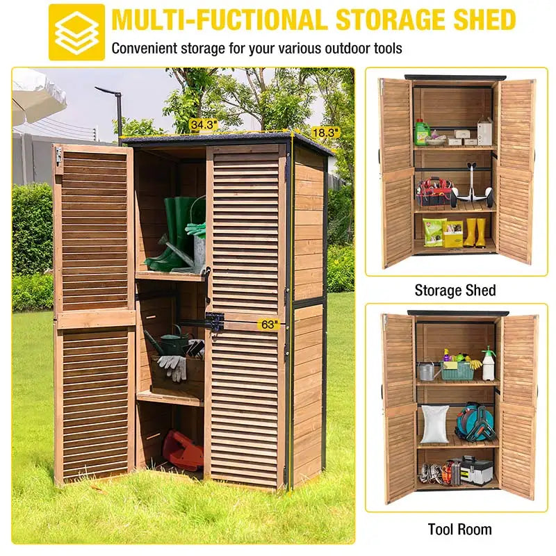 Wooden Garden Shed with Iron Frame | 3-Tier Adjustable Shelves