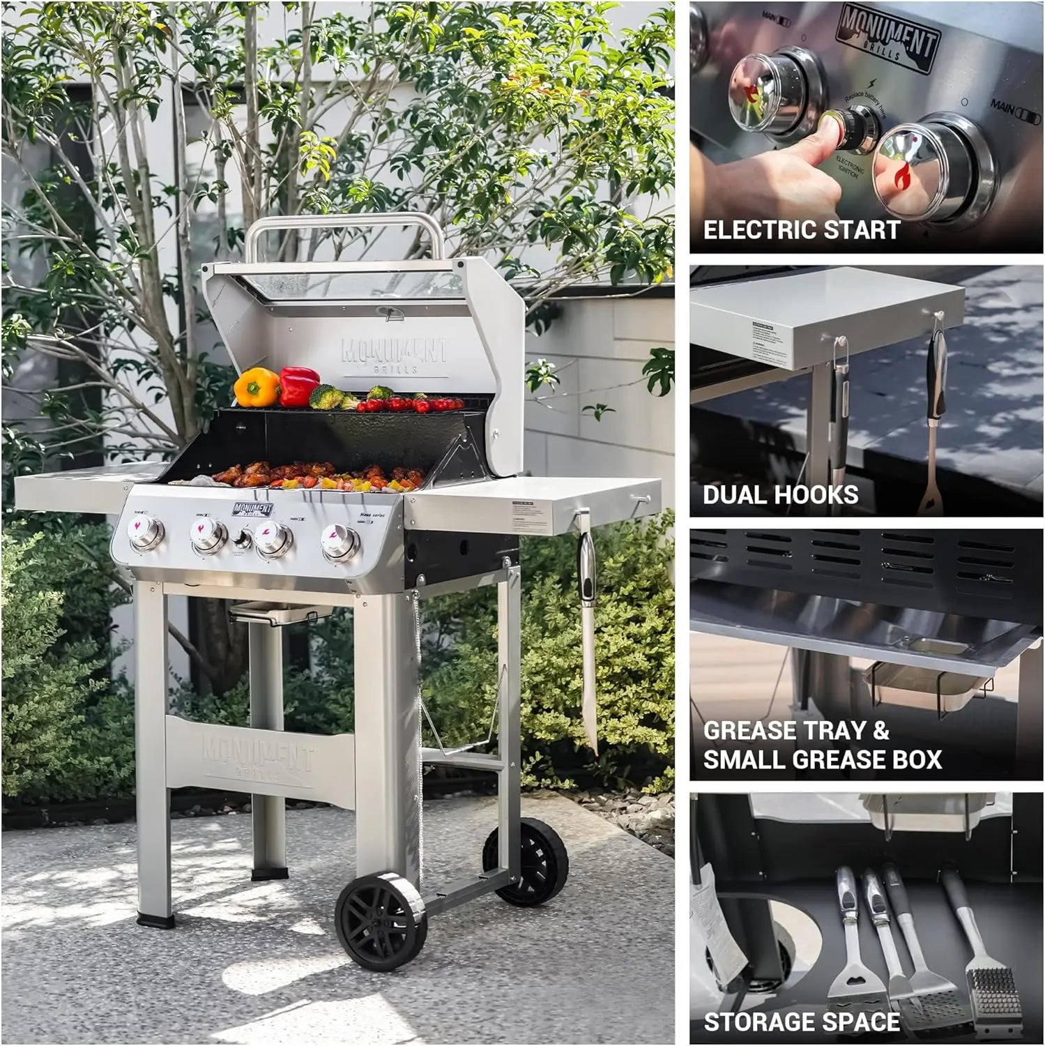 4-Burner Liquid Propane Gas Grill, Silver Stainless Steel Grill Outdoor Patio Garden Barbecue Grill with  Lid and One Foldable S