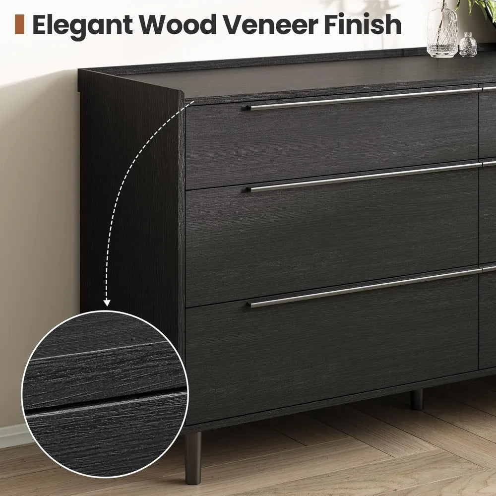 Modern Minimalist 60" Black Dresser for Bedroom, Large 6 Drawer Storage Cabinet with Sleek Metal Handles, Clothes Organizer
