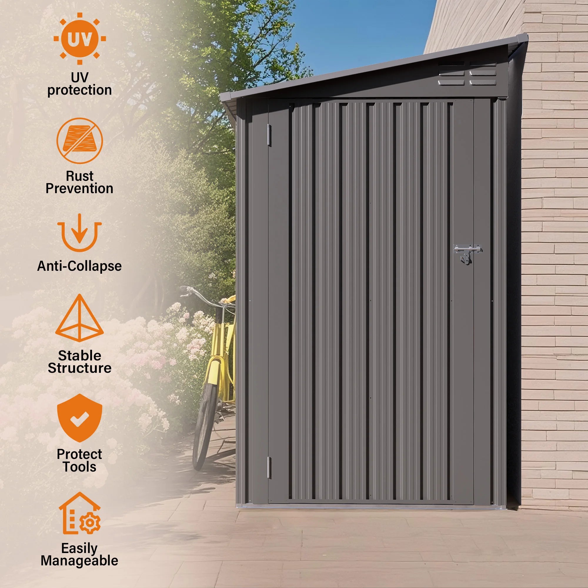 SUSUA 4 x 9 FT Outdoor Storage Shed, Metal Garden Shed Tool House with Sloping Roof,2 vents and 1 Side Open Door for Backyard