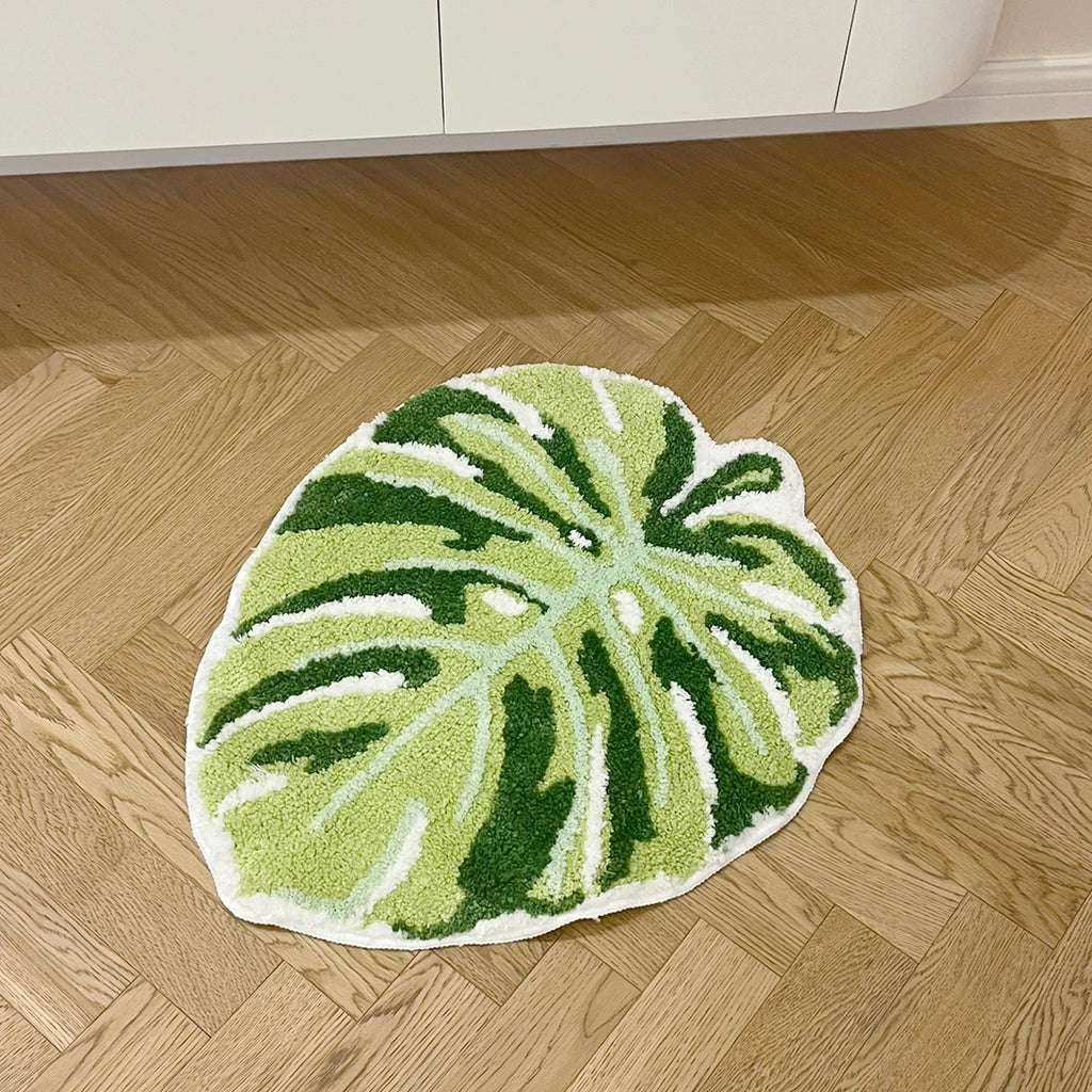 Green Leaf Monstera Tufted Rug – Palm Shaped Anti Slip Bathroom and Entryway Floor Mat