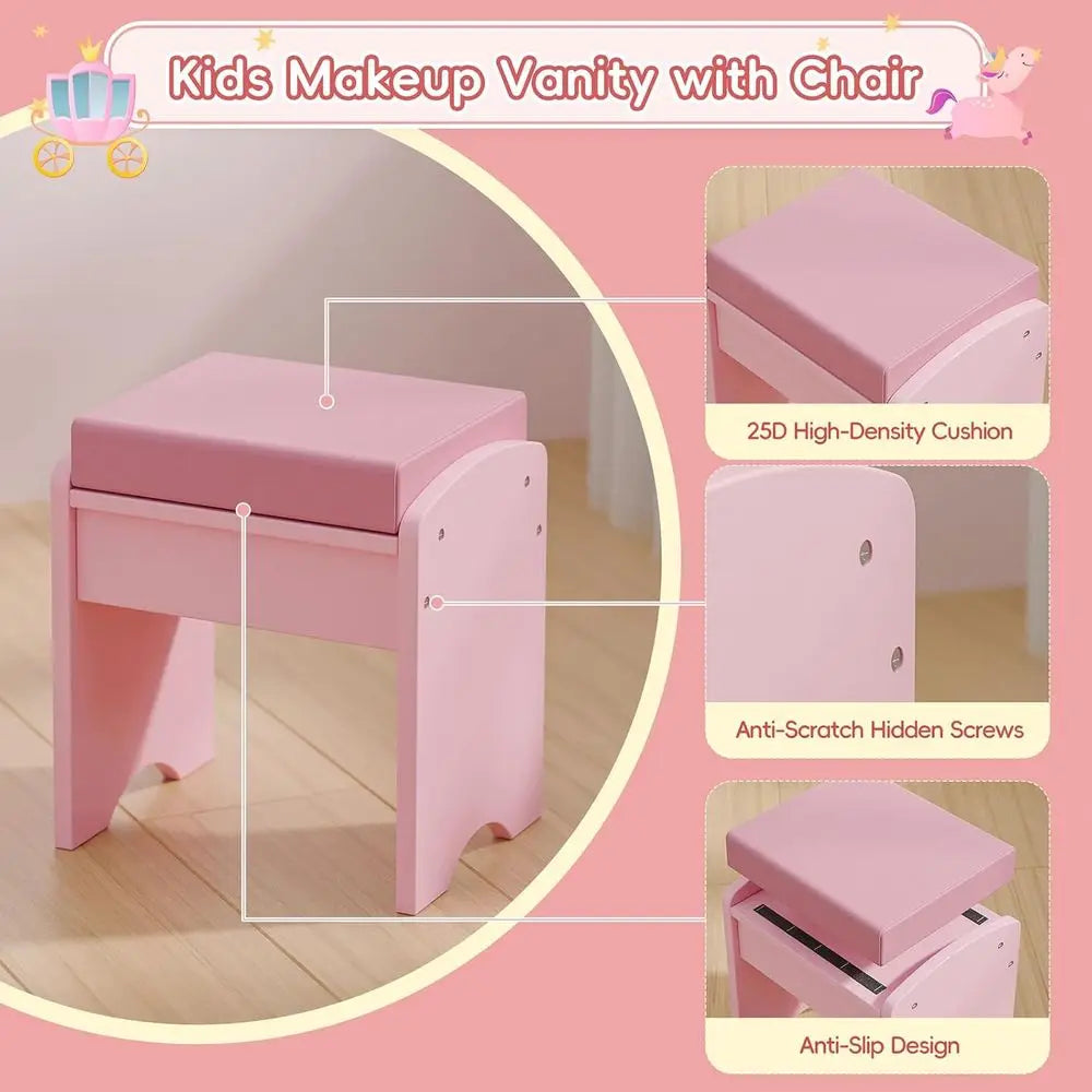 Princess Vanity Set for Kids with Mirror, Lights, Storage, and Cushioned Seat in Pink