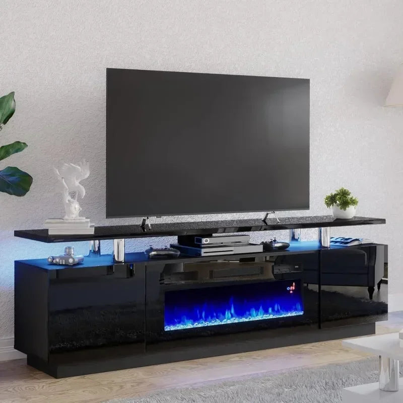 Fireplace TV Stand for 80 "TVs, LED Light, Entertainment Center, 2-Tier Storage", High Gloss, 70"