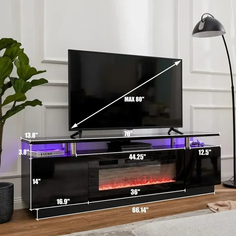 Fireplace TV Stand for 80 "TVs, LED Light, Entertainment Center, 2-Tier Storage", High Gloss, 70"
