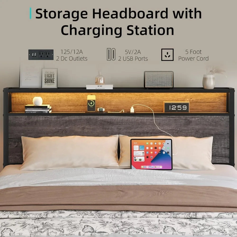 Twin Size Platform Bed Frame with Storage Headboard, LED Lighting & Built-In Charging Port