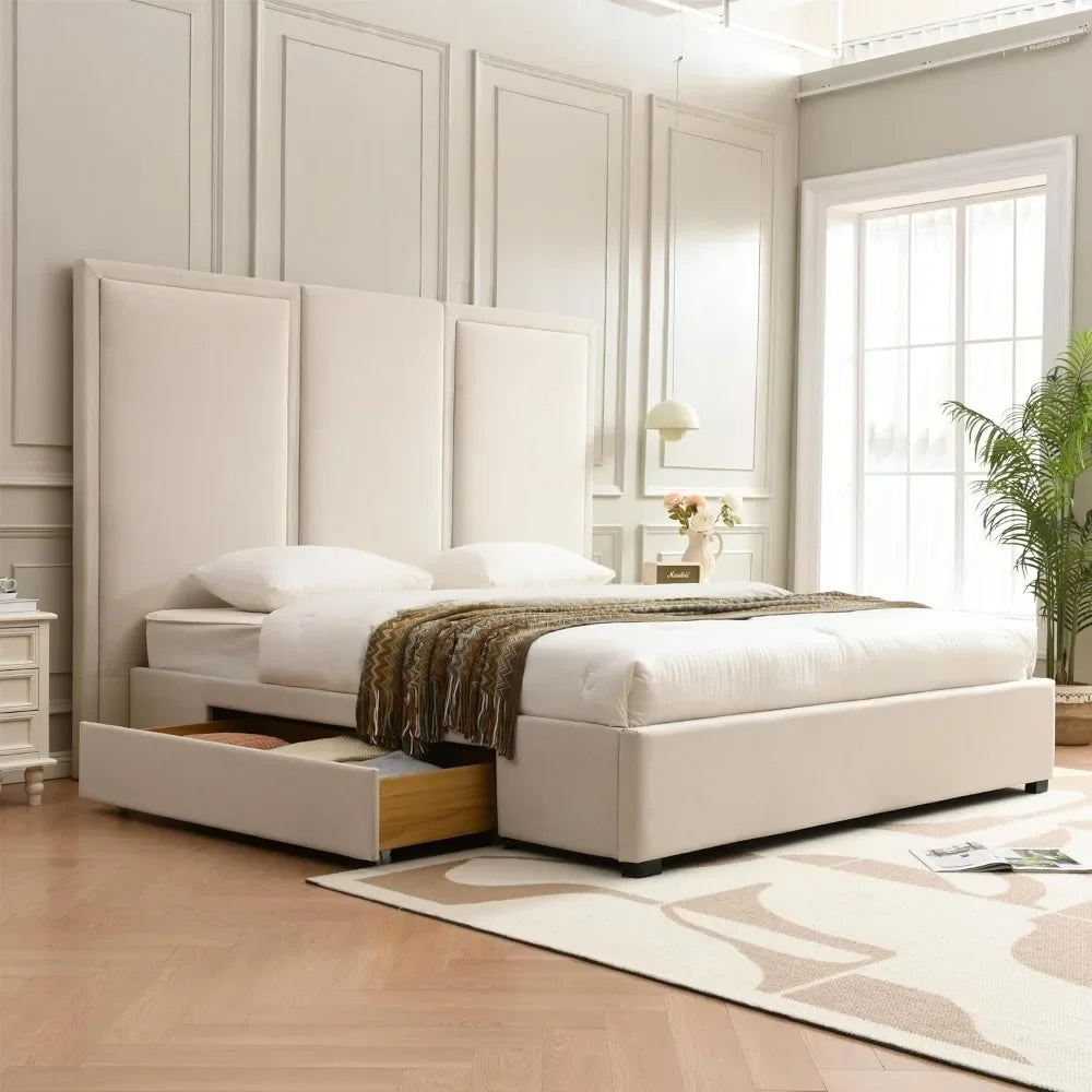 Queen Size Bed Frame Linen Upholstered Platform Bed with 64-inch High Headboard And Underbed Storage Drawers Simple Airey Design