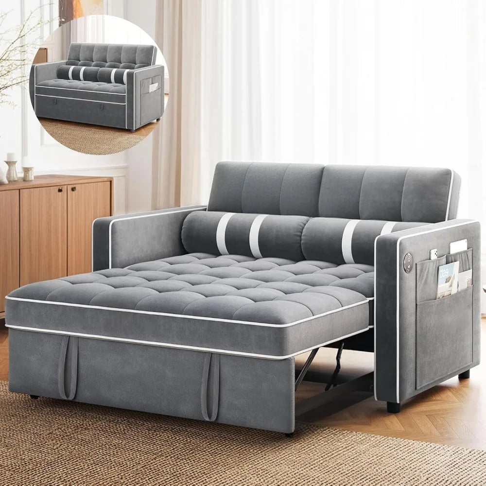 Amada 3 in 1 Convertible Sleeper Sofa Bed, Futon Couches for Living Room with USB Ports & Side Pockets, Adjustable Backrest, Vel
