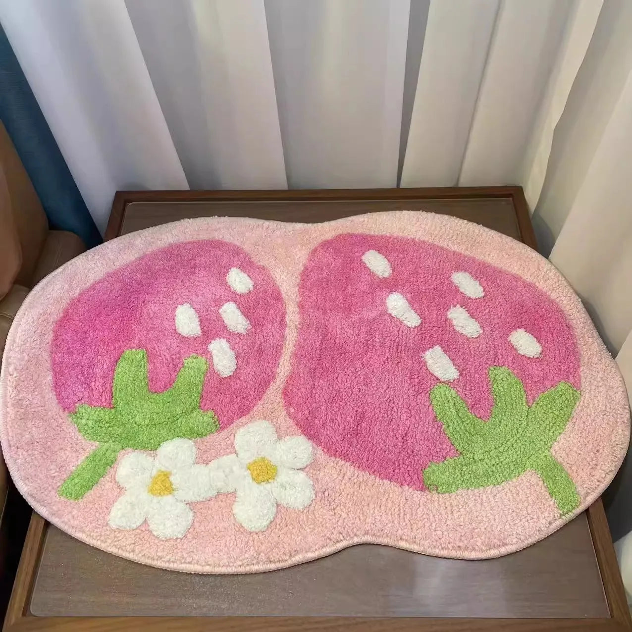 Cute Strawberry Flocking Bath Mat Pink Sweet Girls Home Decor Carpet Bedroom Bedside Rug Non-slip Hallway Entrance Door Mats