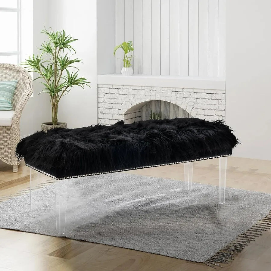 Black Upholstered Bedroom Bench – 46″ White Faux Fur Tufted Bench