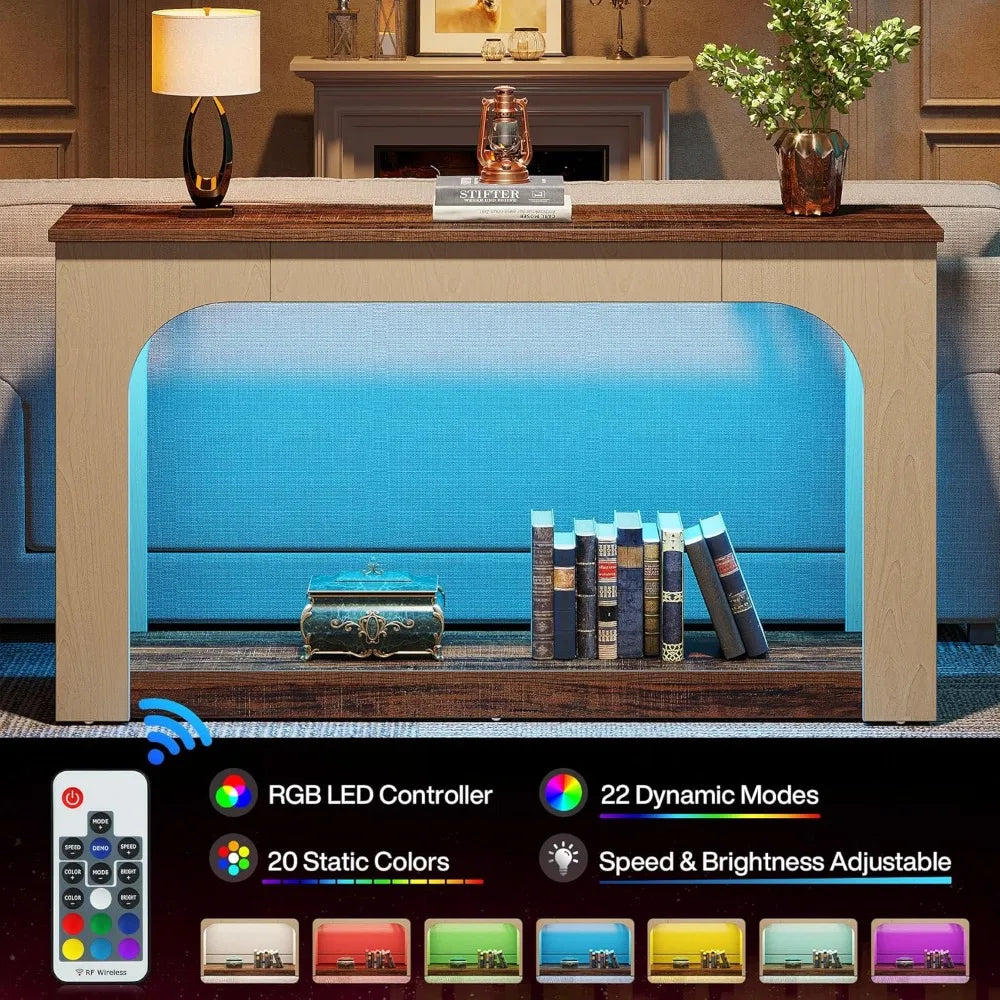 55-Inch Console Table with LED Lights, Farmhouse 2-Tier Narrow Sofa Table with Storage, Wood Foyer Entryway Behind Co