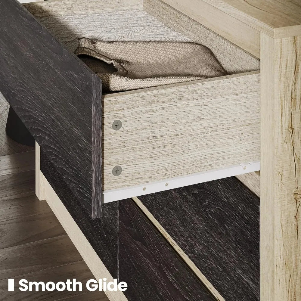 Modern Farmhouse 6 Drawer Dresser for Clothes Storage, 47" Wide Handle-Free Wood Chest, Light Greige Oak and Charcoal Ash Two