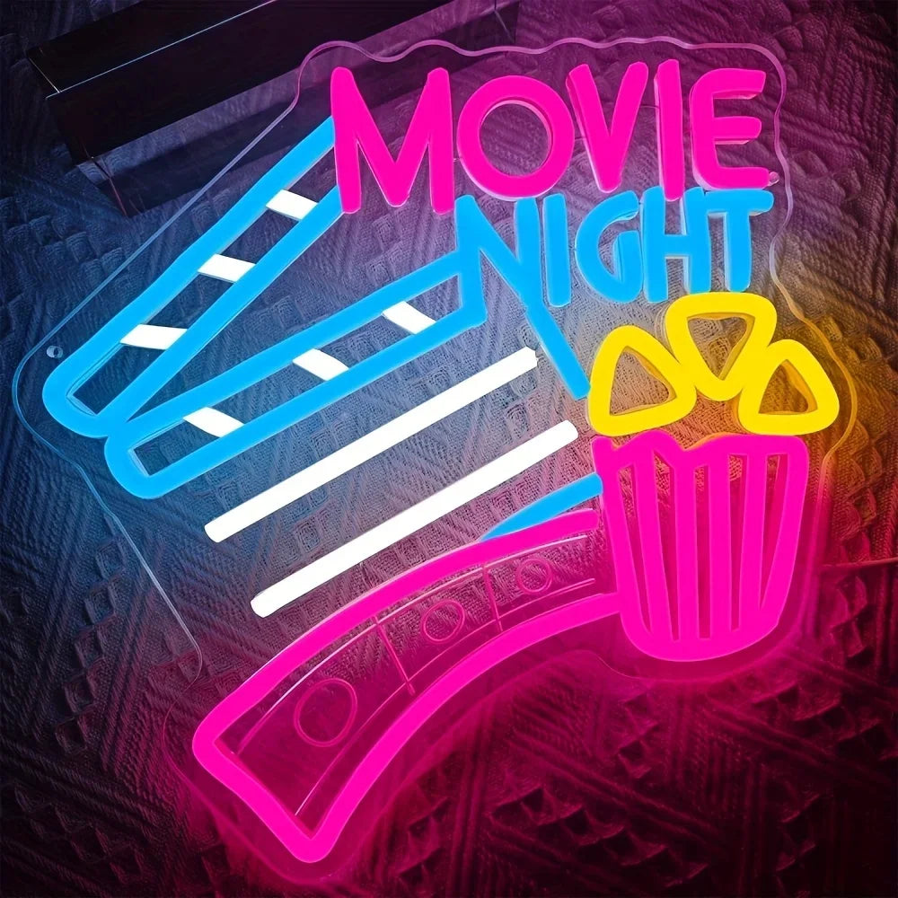 Movie Night LED Neon Sign Popcorn Neon Light for Gameroom Bedroom Bar Livingroom Birthday Party USB Dimmable Wall Decor Gift