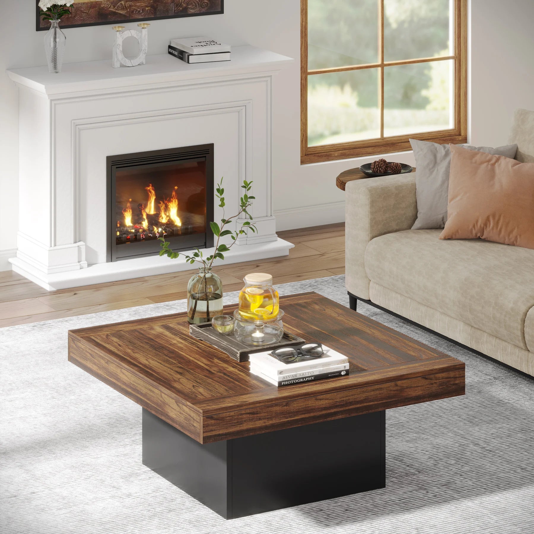 Tribesigns Square LED Coffee Table – Engineered Wood Low Center Table (Rustic Brown & Black)