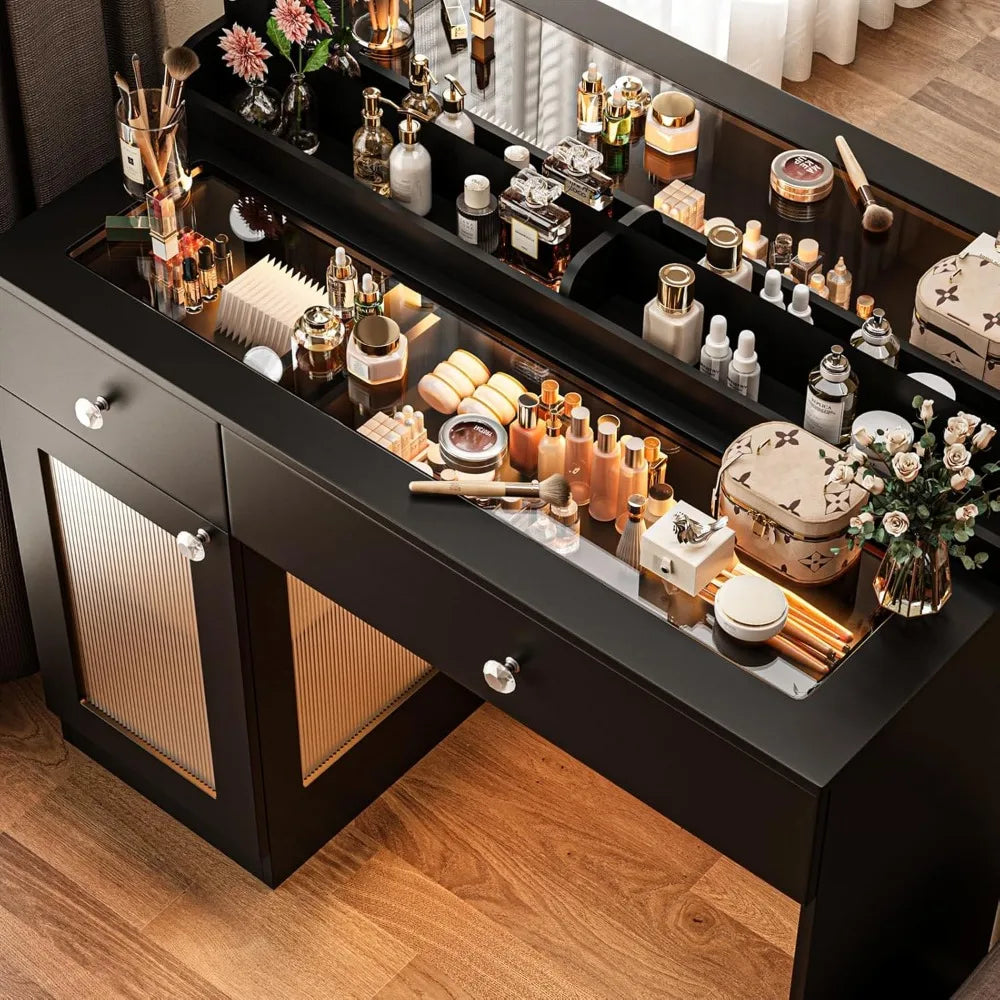 Black Vanity Desk with Mirror and Lights, 39.4'' Glass Top Makeup Vanity with RGB Cabinet Drawers Power Outlet 3 Color Light Mod