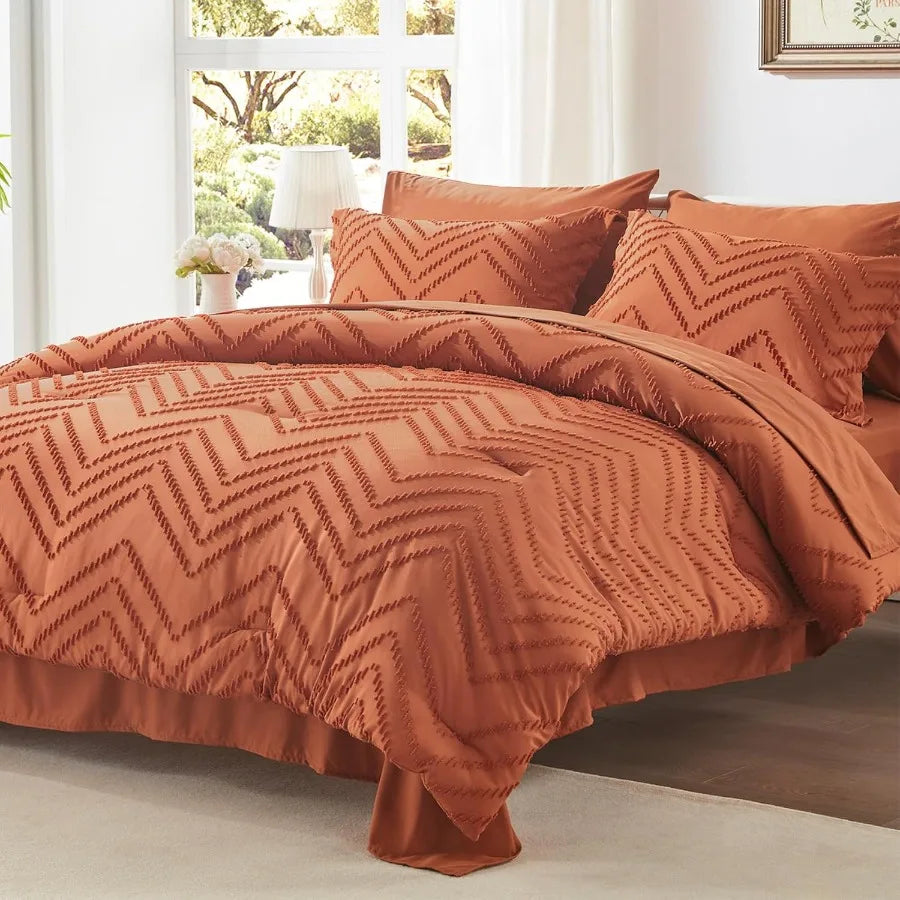 King Bed in a Bag 7 Pieces Burnt Orange Tufted Comforter Set with Comforter Pillow Shams Pillowcases Flat Sheet Fitted Sheet