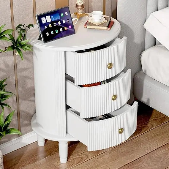 White 3-Drawer Wood Nightstand with Charging Station and Storage for Bedroom