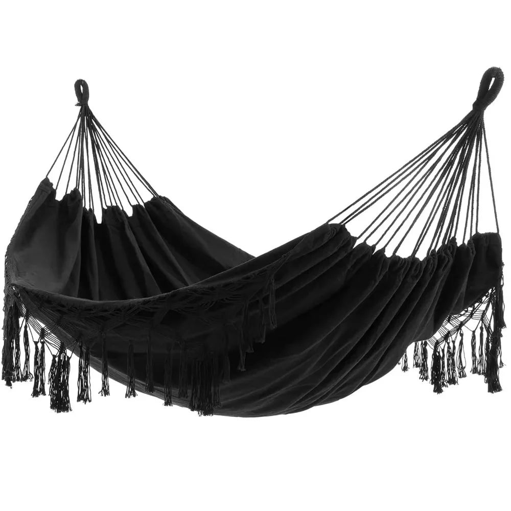 Large Double Deluxe Hammock with Woven Tassels Hanging Bed 2 Person Hammock Thickened Boho Style Canvas Swing Chair Home
