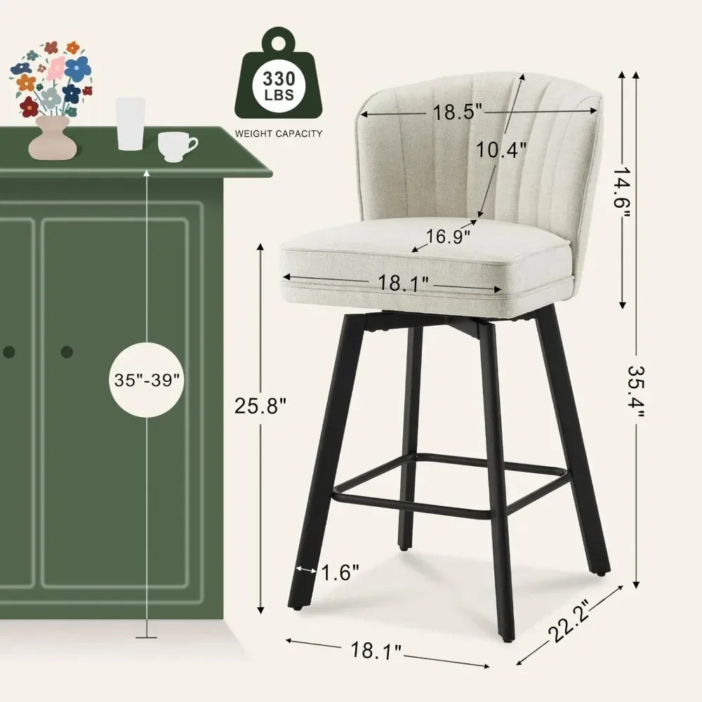 Swivel Counter-Height Bar Stools – Modern Upholstered Chairs with Back (Set of 2, Beige)