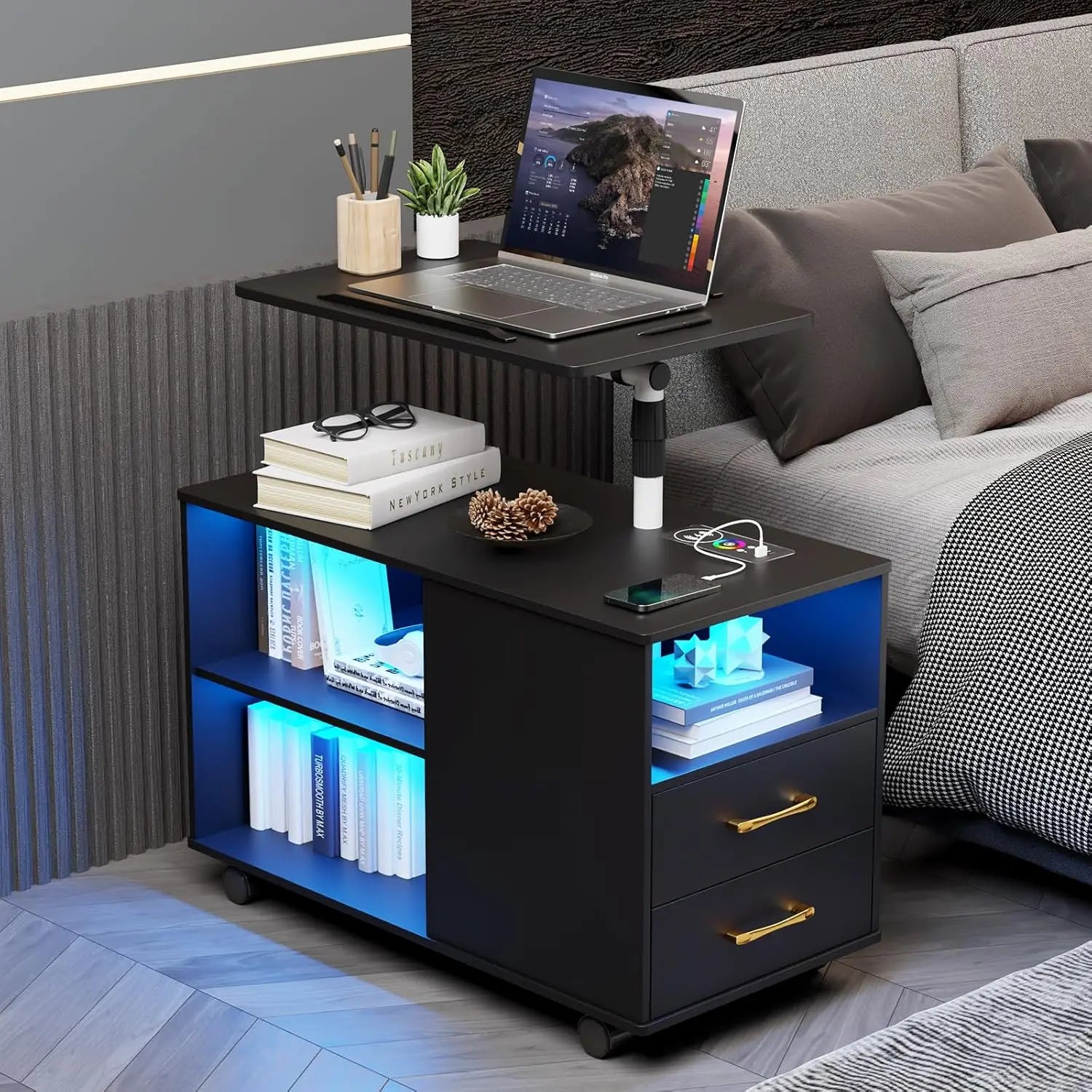 LED Nightstand with Wireless Charging Station, Bedroom Night Stand with Adjustable Rotary Study Table/Workable, Smart Bedside