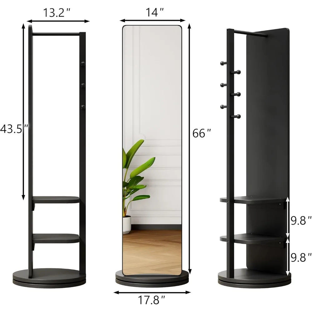 Mirror Full Length, Swivel Full Body Mirror Coat Rack with Storage Hanger and Open Shelves for Bedroom and Living Room