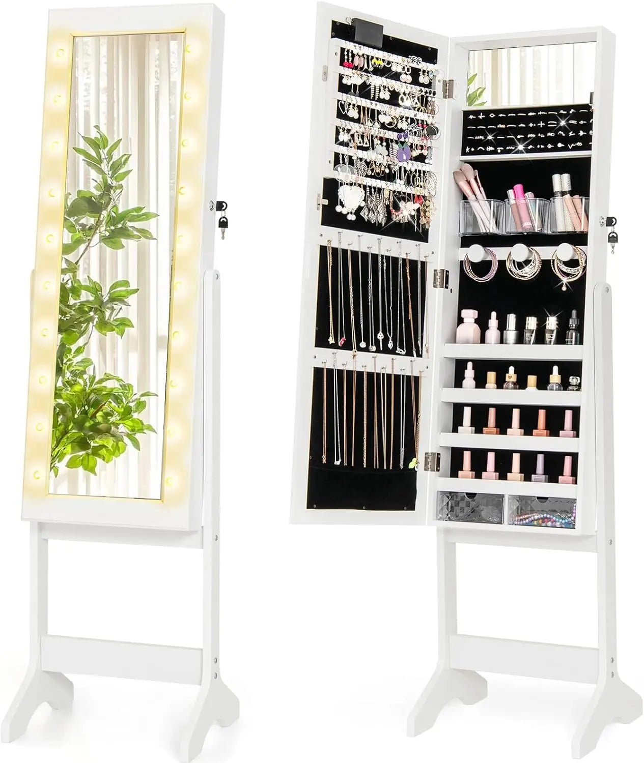 Standing Jewelry Armoire with Lighted Full Length Mirror, Lockable Jewelry Cabinet Organizer with 20 LED Lights