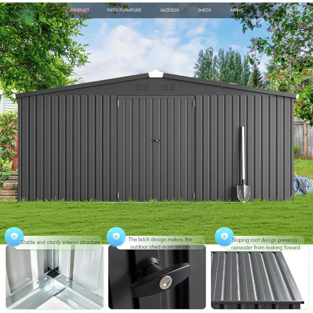 Large 14x12 Outdoor Metal Storage Shed with Lockable Doors and Yard Storage Solutions