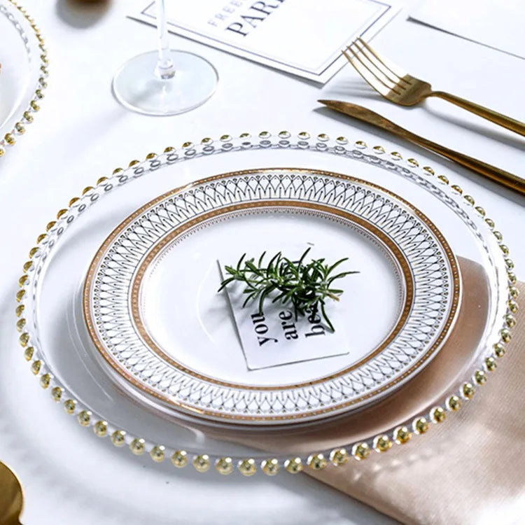 Golden Beaded Round Glass Plate – Transparent Dessert & Fruit Display Tray