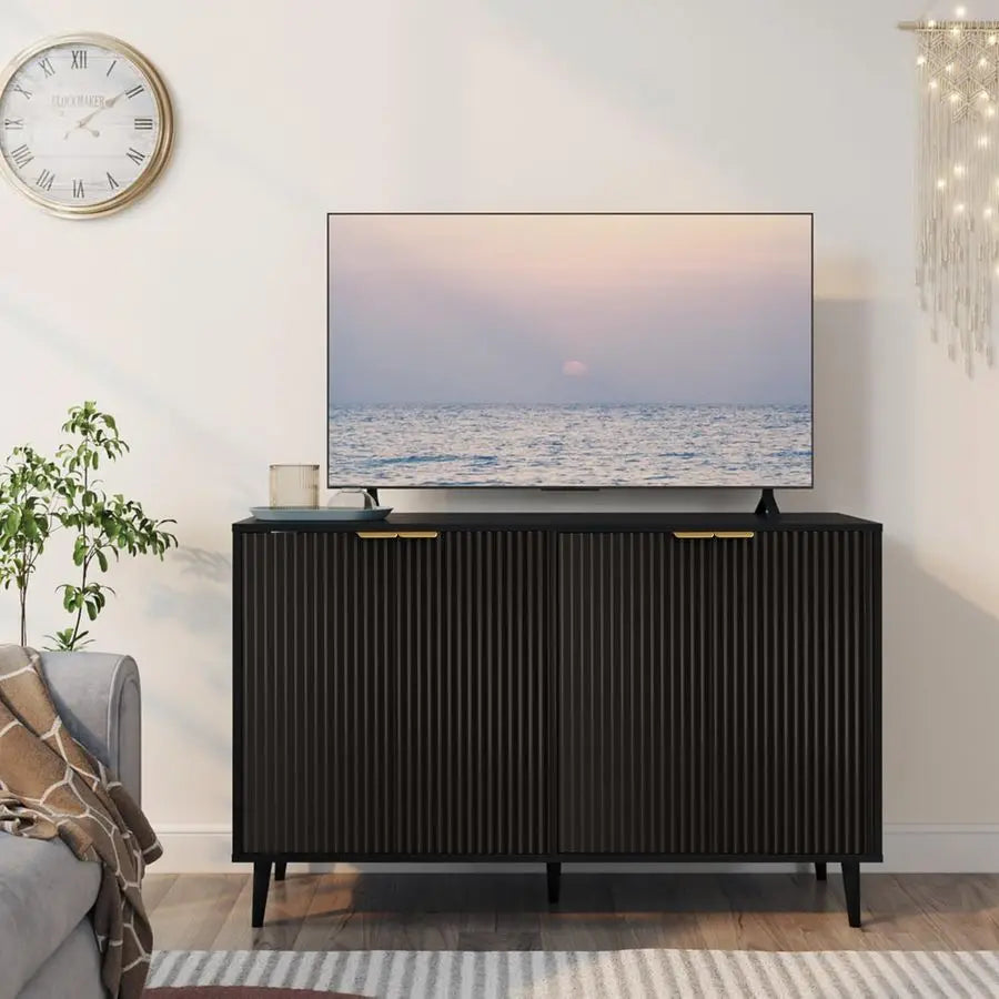 Buffet Cabinet with Storage, Fluted with 4 Doors and Adjustable Shelves, Accent Cabinet with Solid Wood Feet, Sideboard for Kitc