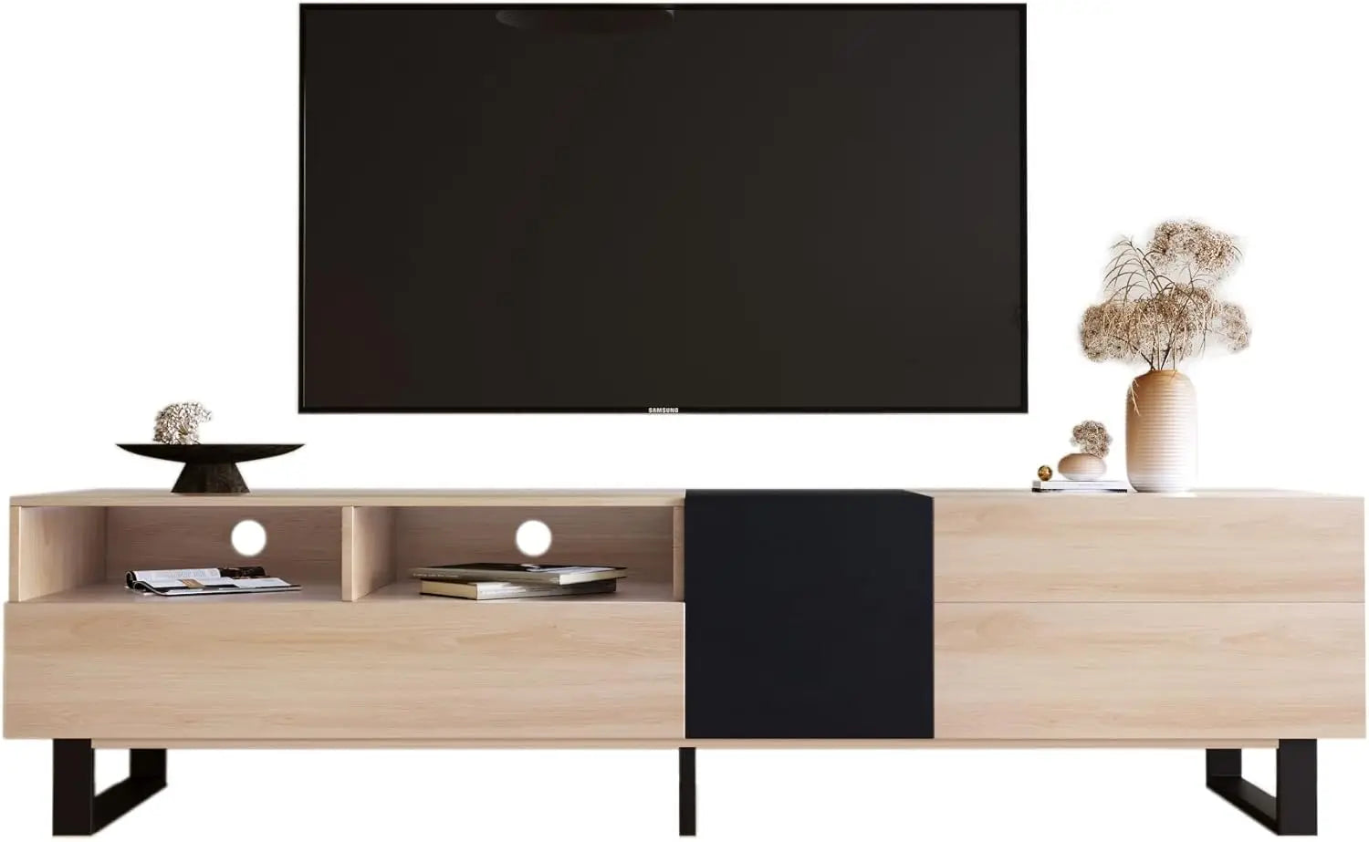 Modern TV Entertainment Center with 3 Cabinets & Open Shelves, Wood TV Stand for TVs Up to 80” for Living Room Bedroom (Wo
