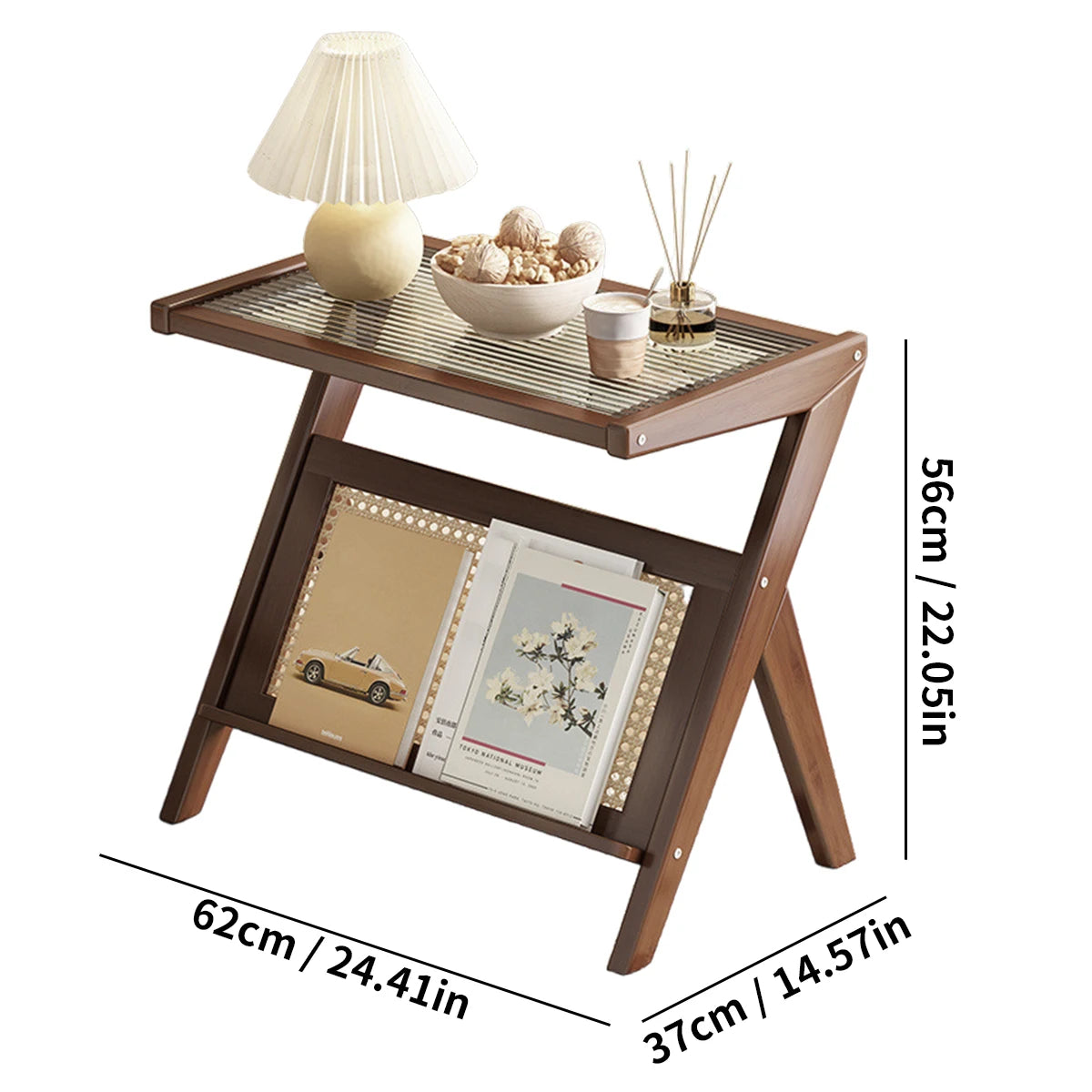 Compact Acrylic-Top Rattan Nightstand Bamboo Storage Shelves Boho Bedroom/Living Room Coffee Table Set
