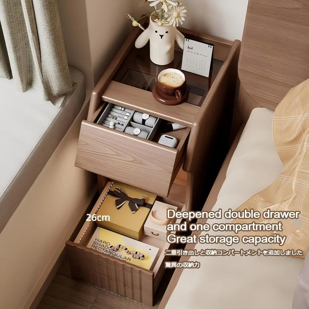 3-Tier Wooden End Table, Dual Drawer Nightstand, Storage-Friendly Bedside Table, and Tall Sofa End Table for Living Spaces and B