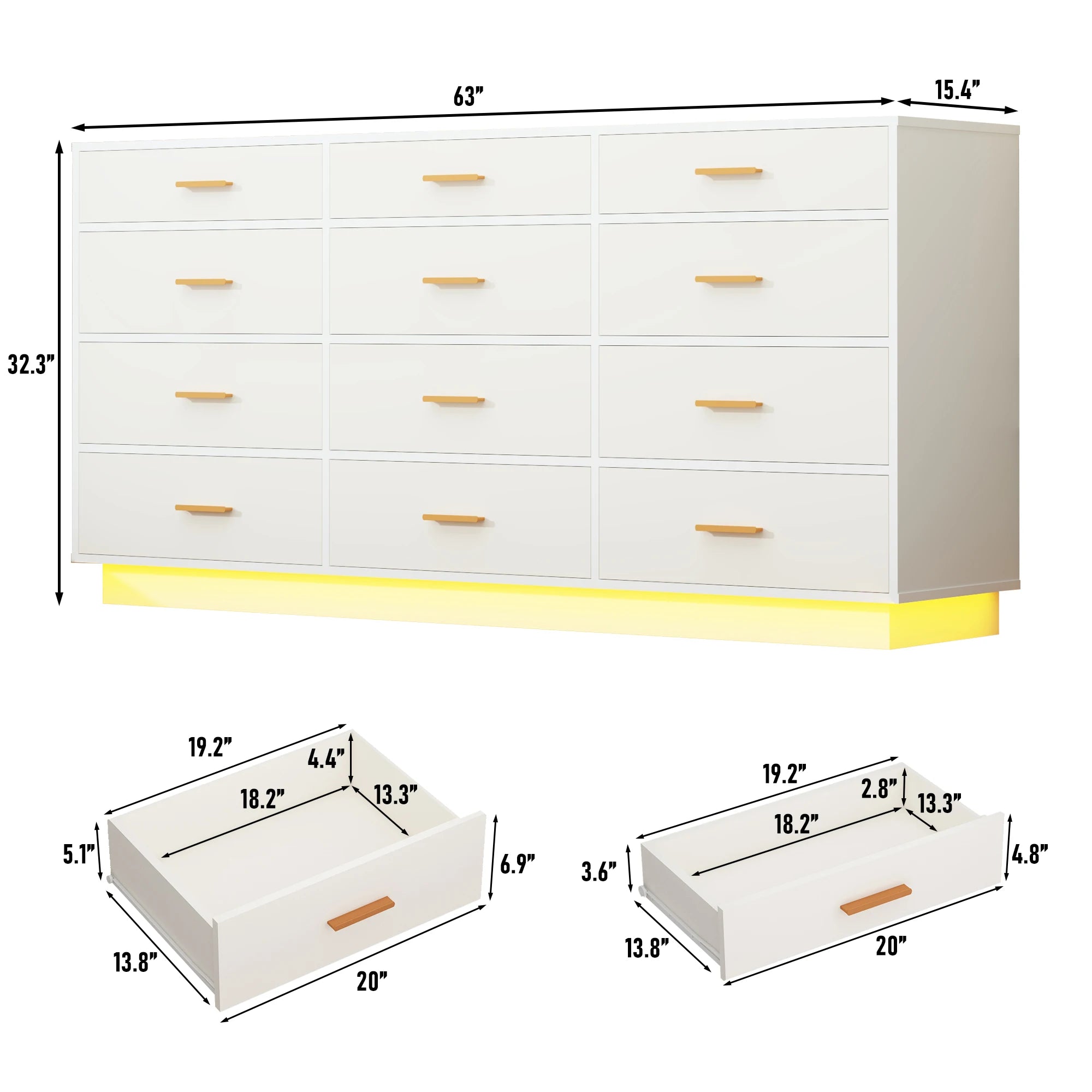 63'' Modern Chest of Drawers with Power Outlets & LED Lights, 12 Drawer Dresser for Bedroom, Wood Dresser for Living Room