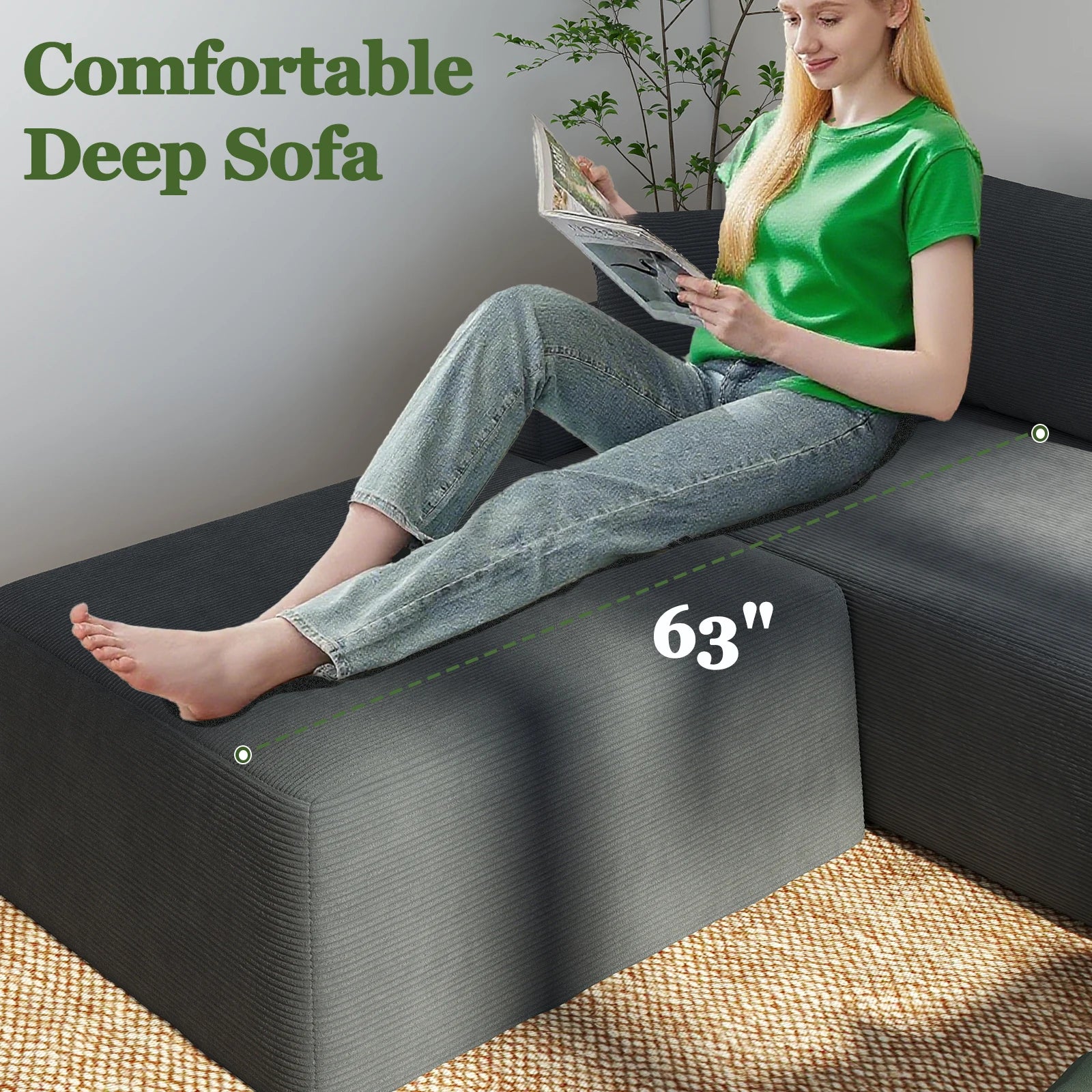 Modular Sectional Sofa with L-Shape Chaise, Cloud Couch in Corduroy, Deep Seat Living Room Sofa with Side Pockets, No Assembly R